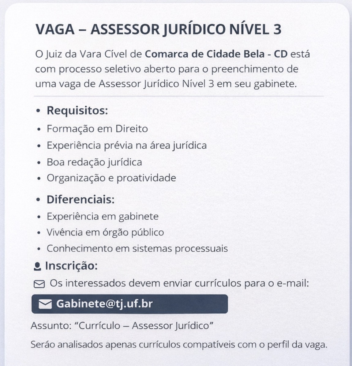 Exemplo de vaga divulgada por gabinete público solicitando envio de currículos por e-mail